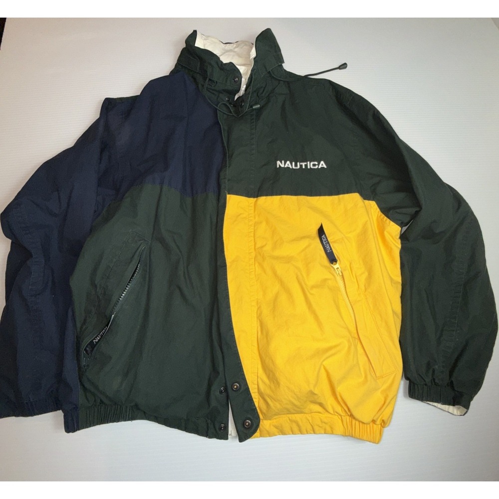 Nautica 90s Men's Reversible Hooded Color block Jacket L Green Blue Yellow